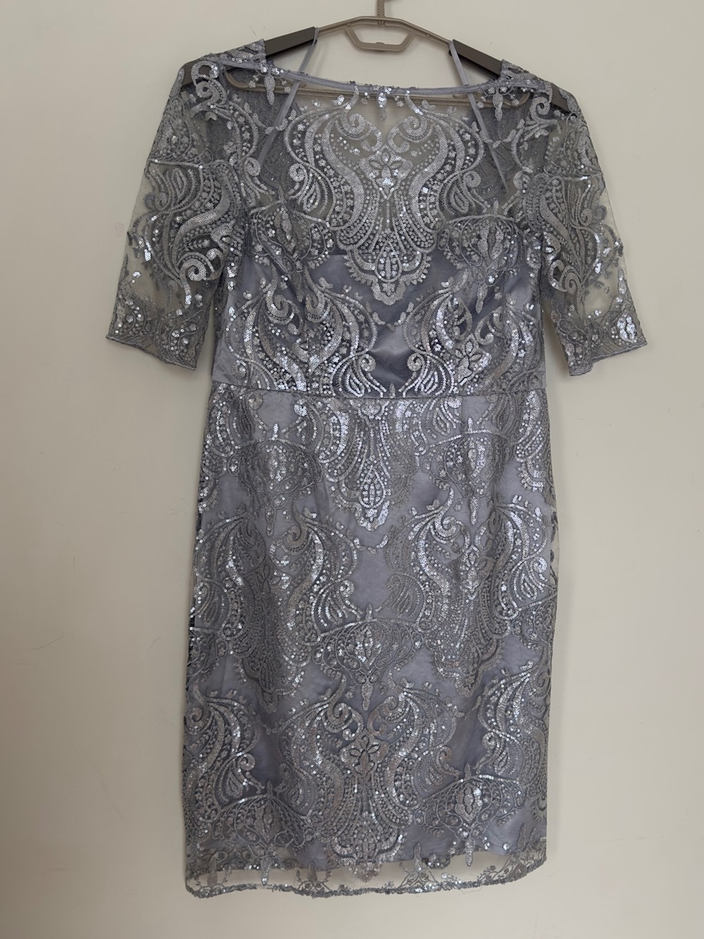 Tahari ASL Silver Lace Sequin Sheath Dress Sz 16 Formal Cocktail - Picture 4 of 9
